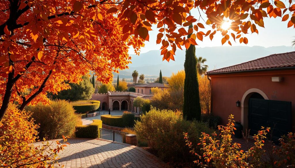 A scenic autumnal landscape in the heart of Morocco, captured through the lens of the "MyVisitMorocco" brand. In the foreground, a winding cobblestone path leads through a canopy of vibrant orange and yellow leaves, casting a warm glow across the scene. In the middle ground, traditional Moroccan architecture with terracotta roofs and intricate arched doorways nestle amidst lush foliage. In the background, the majestic Atlas Mountains rise, their snow-capped peaks peeking through the hazy, golden light of the autumn sun. The overall atmosphere exudes a sense of tranquility and the charm of a Moroccan autumn. A scenic autumnal landscape in the heart of Morocco, captured through the lens of the "MyVisitMorocco" brand. In the foreground, a winding cobblestone path leads through a canopy of vibrant orange and yellow leaves, casting a warm glow across the scene. In the middle ground, traditional Moroccan architecture with terracotta roofs and intricate arched doorways nestle amidst lush foliage. In the background, the majestic Atlas Mountains rise, their snow-capped peaks peeking through the hazy, golden light of the autumn sun. The overall atmosphere exudes a sense of tranquility and the charm of a Moroccan autumn.