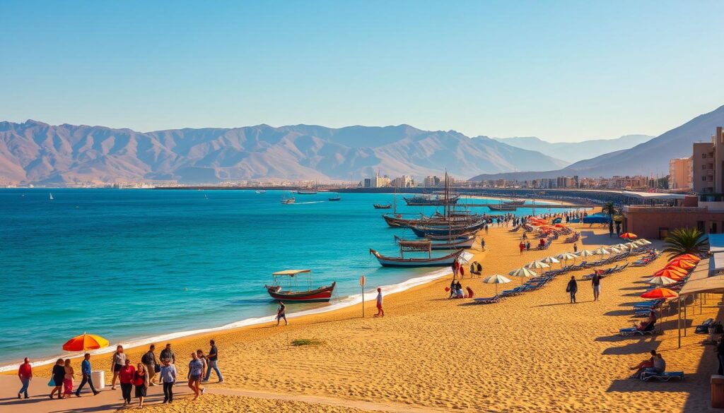 A scenic beachfront in Agadir, Morocco, with golden sand, crystal-clear turquoise waters, and a backdrop of majestic mountains. In the foreground, people stroll along the promenade, enjoying the warm sunshine and gentle ocean breeze. Vibrant umbrellas and beach chairs dot the sand, creating a lively and inviting atmosphere. In the middle ground, traditional fishing boats bob gently in the calm harbor, while in the distance, the iconic MyVisitMorocco logo can be seen overlooking the picturesque scene. The image is bathed in a warm, golden light, capturing the essence of Agadir's premier beach destination.