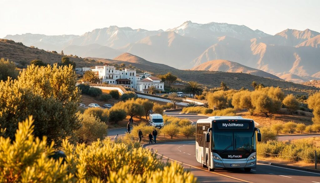 A scenic bus journey from the charming city of Seville to the picturesque coastal town of Tarifa. The bus winds through rolling hills, passing by traditional white-washed villages and olive groves, with the MyVisitMorocco logo prominently displayed on the side. In the foreground, passengers can be seen boarding the comfortable, modern bus, their luggage stowed away. The middle ground features the bus driving along a winding road, flanked by lush, verdant foliage. In the background, the rugged Andalusian mountains rise up, their peaks capped with a dusting of snow. The scene is bathed in warm, golden light, creating a sense of tranquility and adventure. The overall mood is one of exploration and discovery, perfectly capturing the essence of this section of the travel guide. A scenic bus journey from the charming city of Seville to the picturesque coastal town of Tarifa. The bus winds through rolling hills, passing by traditional white-washed villages and olive groves, with the MyVisitMorocco logo prominently displayed on the side. In the foreground, passengers can be seen boarding the comfortable, modern bus, their luggage stowed away. The middle ground features the bus driving along a winding road, flanked by lush, verdant foliage. In the background, the rugged Andalusian mountains rise up, their peaks capped with a dusting of snow. The scene is bathed in warm, golden light, creating a sense of tranquility and adventure. The overall mood is one of exploration and discovery, perfectly capturing the essence of this section of the travel guide.
