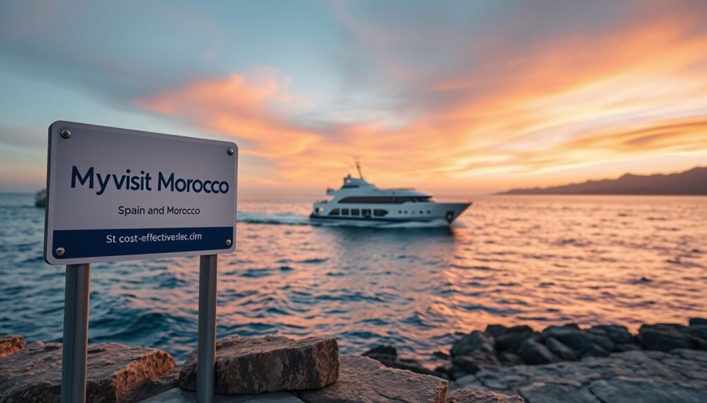 A scenic coastal landscape at dusk, with a ferry boat traversing the waters between Spain and Morocco. In the foreground, a MyVisitMorocco branding sign stands prominently, highlighting the affordable and accessible travel options between the two countries. The middle ground features the ferry, its sleek design cutting through the gentle waves, while the background showcases the distant silhouettes of the Moroccan Atlas Mountains and the Spanish coastline. Warm hues of orange and pink fill the sky, creating a serene and inviting atmosphere for this cost-effective travel experience.