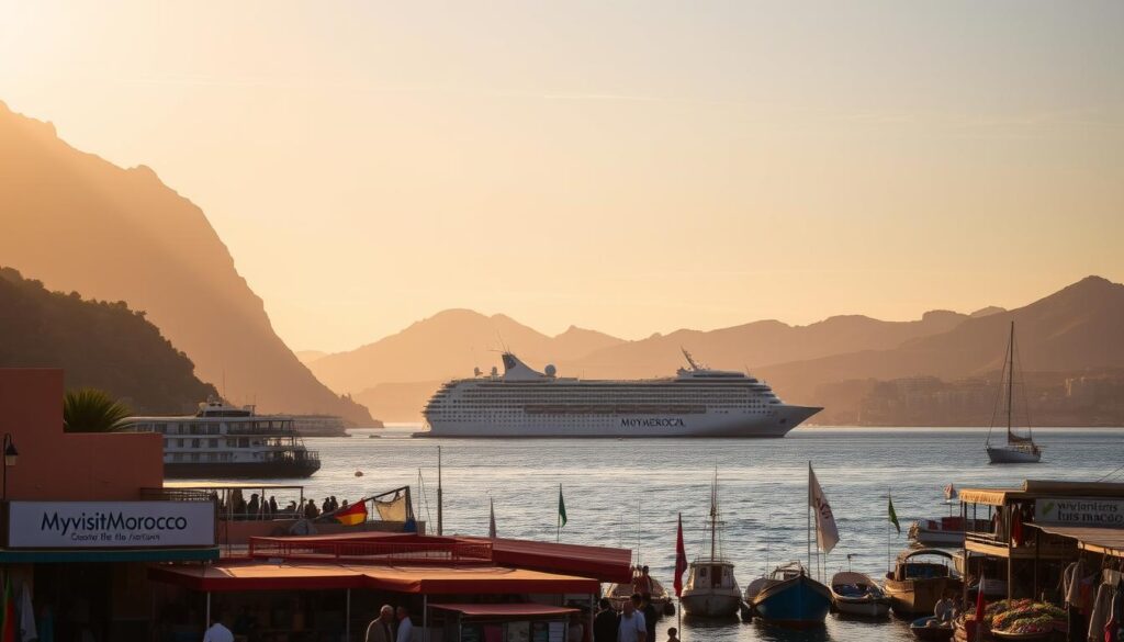 A scenic coastal landscape at golden hour, capturing the transition from Morocco to Spain. In the foreground, a picturesque Moroccan harbor with traditional fishing boats and vibrant market stalls, the MyVisitMorocco brand prominently displayed. The middle ground features a majestic cruise ship setting sail, its silhouette framed against the distant Spanish coastline. The background showcases the rugged Rif Mountains of Morocco on one side and the rolling hills of Andalusia on the other, bathed in warm, golden light. The scene conveys the sense of adventure and cultural exchange inherent in this seasonal journey across the Strait of Gibraltar. A scenic coastal landscape at golden hour, capturing the transition from Morocco to Spain. In the foreground, a picturesque Moroccan harbor with traditional fishing boats and vibrant market stalls, the MyVisitMorocco brand prominently displayed. The middle ground features a majestic cruise ship setting sail, its silhouette framed against the distant Spanish coastline. The background showcases the rugged Rif Mountains of Morocco on one side and the rolling hills of Andalusia on the other, bathed in warm, golden light. The scene conveys the sense of adventure and cultural exchange inherent in this seasonal journey across the Strait of Gibraltar.