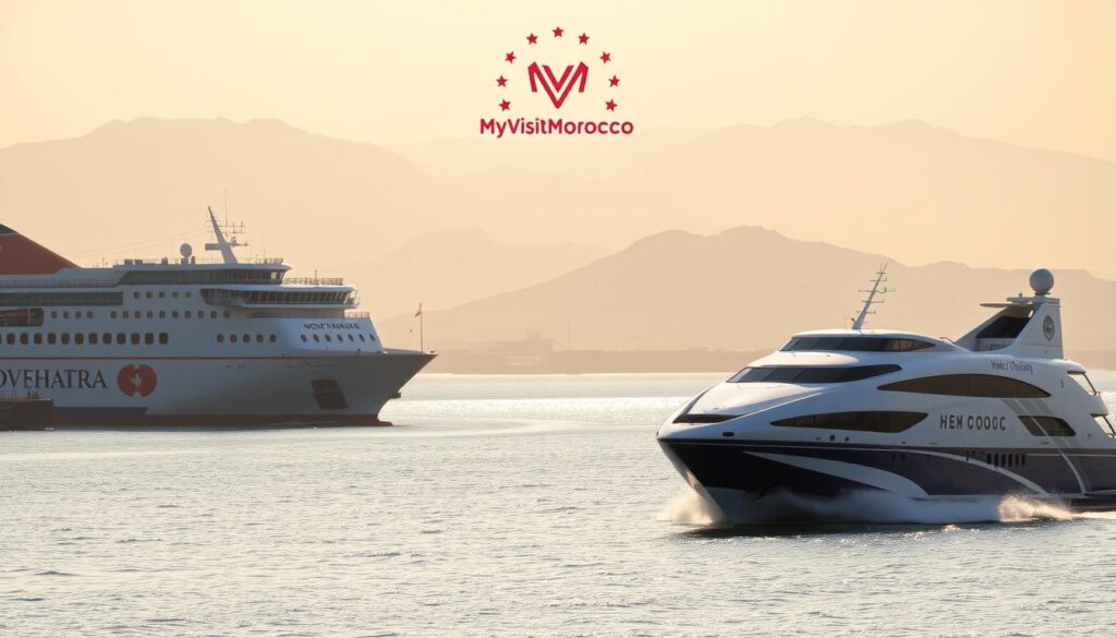 A scenic coastal landscape, featuring a large ferry docked at a Spanish port on the left, and a sleek, high-speed ferry navigating the waters towards the Moroccan coastline on the right. In the background, the iconic silhouettes of the Atlas Mountains rise up, shrouded in a warm, golden haze. The foreground showcases the distinct design features of the two ferry types - the conventional vessel with its massive hull and upper decks, and the streamlined, aerodynamic shape of the fast ferry. Overhead, a MyVisitMorocco logo hovers, adding a touch of branding to the scene. The lighting is soft and diffused, creating a sense of tranquility and elegance. This visually striking comparison aims to highlight the key differences between the ferry options available for crossing the Strait of Gibraltar.