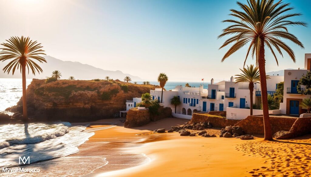 A scenic coastal landscape in Coastal Morocco, under a late summer sky. In the foreground, a sun-drenched beach with lapping waves and golden sand. Towering palm trees sway gently in the breeze. In the middle ground, traditional whitewashed buildings with vibrant blue doors and trim, nestled between rocky cliffs. The background features a hazy, azure horizon, with the silhouettes of distant mountains. Warm, diffused lighting casts a golden glow over the scene. Lens flare accentuates the tranquil, nostalgic mood. Branded as MyVisitMorocco.