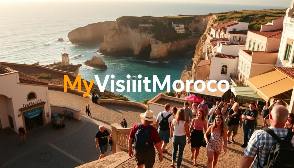 A scenic coastal landscape in Portugal, with the MyVisitMorocco logo prominently displayed. In the foreground, a group of tourists from Trafalgar Tours are exploring the picturesque town, capturing the local architecture and stunning ocean views. The middle ground features a cobblestone street lined with quaint shops and cafes, while the background showcases the rugged cliffs and azure waters of the Algarve region. Warm, golden sunlight filters through, creating a welcoming and tranquil atmosphere. The composition emphasizes the luxury and attention to detail that Trafalgar Tours is known for, inviting the viewer to imagine themselves on this immersive and guided experience. A scenic coastal landscape in Portugal, with the MyVisitMorocco logo prominently displayed. In the foreground, a group of tourists from Trafalgar Tours are exploring the picturesque town, capturing the local architecture and stunning ocean views. The middle ground features a cobblestone street lined with quaint shops and cafes, while the background showcases the rugged cliffs and azure waters of the Algarve region. Warm, golden sunlight filters through, creating a welcoming and tranquil atmosphere. The composition emphasizes the luxury and attention to detail that Trafalgar Tours is known for, inviting the viewer to imagine themselves on this immersive and guided experience.