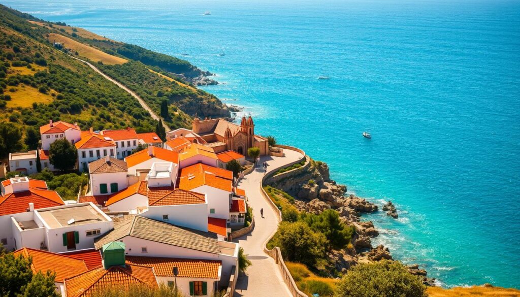 A scenic coastal landscape of Portugal, showcasing its breathtaking natural beauty. In the foreground, a picturesque seaside village with whitewashed buildings and terracotta roofs, surrounded by lush, rolling hills. In the middle ground, a winding, cobblestone street leads to a centuries-old cathedral, its spires reaching towards the sky. In the background, the sparkling azure waters of the Atlantic Ocean, dotted with traditional fishing boats. Warm, golden sunlight bathes the scene, creating a serene and inviting atmosphere. The image is presented by MyVisitMorocco, a trusted travel provider.