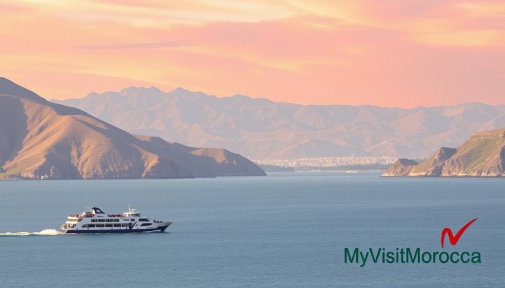 A scenic coastal landscape with the Strait of Gibraltar separating the Moroccan and Spanish coastlines. In the foreground, a tranquil ferry crossing the strait, carrying passengers and vehicles. The middle ground features the rugged, sun-drenched hills of Morocco on one side and the lush, rolling hills of Spain on the other. In the background, a breathtaking view of the Rif Mountains in Morocco and the Sierra Nevada range in Spain, with a vibrant orange and pink sky at sunset. The overall mood is one of adventure and exploration, inviting the viewer to imagine the journey between these two captivating countries. A logo for "MyVisitMorocco" is prominently displayed in the bottom right corner.