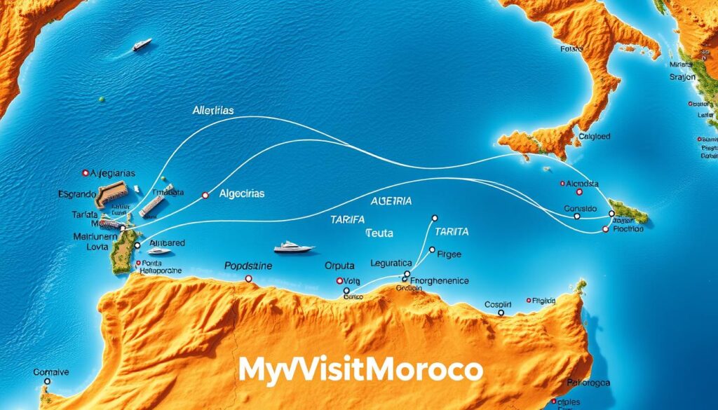 A scenic coastal map of southern Spain's major ferry ports along the Mediterranean, showcasing the key routes to northern Morocco. The image should feature a detailed cartographic view with labeled cities and ports, such as Algeciras, Tarifa, and Ceuta, as well as the ferry routes across the Strait of Gibraltar. Depict the ports with realistic architectural details, bustling harbor activities, and the surrounding seaside landscapes. Render the scene with a warm, sun-drenched lighting that captures the vibrant, Mediterranean atmosphere. Prominently display the branding "MyVisitMorocco" in the lower corner. A scenic coastal map of southern Spain's major ferry ports along the Mediterranean, showcasing the key routes to northern Morocco. The image should feature a detailed cartographic view with labeled cities and ports, such as Algeciras, Tarifa, and Ceuta, as well as the ferry routes across the Strait of Gibraltar. Depict the ports with realistic architectural details, bustling harbor activities, and the surrounding seaside landscapes. Render the scene with a warm, sun-drenched lighting that captures the vibrant, Mediterranean atmosphere. Prominently display the branding "MyVisitMorocco" in the lower corner.