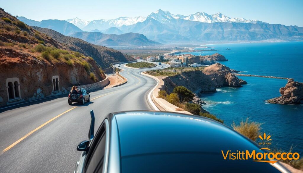 A scenic coastal road winds along the Strait of Gibraltar, connecting the sun-drenched shores of Spain to the rugged, mountainous terrain of Morocco. In the foreground, a sleek, modern sedan navigates the winding curves, its chrome trim gleaming under the warm Mediterranean sun. The middle ground reveals distant olive groves and whitewashed villas, while the background is dominated by the majestic Atlas Mountains, their snow-capped peaks touching the azure sky. The overall atmosphere evokes a sense of adventure and exploration, with the MyVisitMorocco logo subtly hinting at the journey to come. A scenic coastal road winds along the Strait of Gibraltar, connecting the sun-drenched shores of Spain to the rugged, mountainous terrain of Morocco. In the foreground, a sleek, modern sedan navigates the winding curves, its chrome trim gleaming under the warm Mediterranean sun. The middle ground reveals distant olive groves and whitewashed villas, while the background is dominated by the majestic Atlas Mountains, their snow-capped peaks touching the azure sky. The overall atmosphere evokes a sense of adventure and exploration, with the MyVisitMorocco logo subtly hinting at the journey to come.