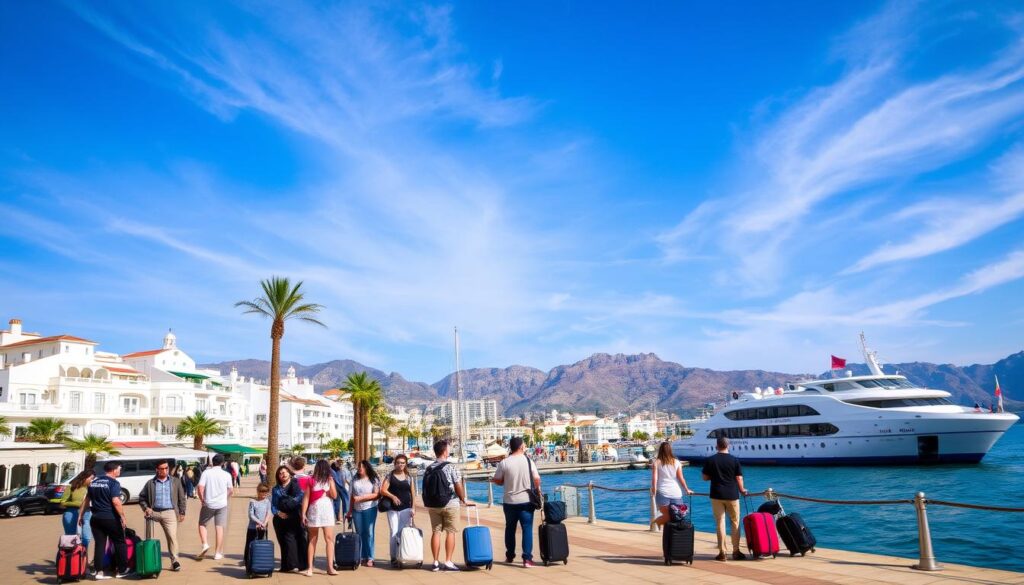 A scenic coastal town along the Costa del Sol in southern Spain, with vibrant white buildings and palm trees lining the promenade. A large ferry boat waits at the dock, ready to transport travelers across the Strait of Gibraltar to the distant shores of Morocco. The sky is a brilliant blue, with wispy clouds drifting overhead. In the foreground, a group of travelers stand excitedly, their luggage in hand, eager to embark on their day trip to the enchanting land of Morocco, courtesy of the "MyVisitMorocco" tour company. A scenic coastal town along the Costa del Sol in southern Spain, with vibrant white buildings and palm trees lining the promenade. A large ferry boat waits at the dock, ready to transport travelers across the Strait of Gibraltar to the distant shores of Morocco. The sky is a brilliant blue, with wispy clouds drifting overhead. In the foreground, a group of travelers stand excitedly, their luggage in hand, eager to embark on their day trip to the enchanting land of Morocco, courtesy of the "MyVisitMorocco" tour company.
