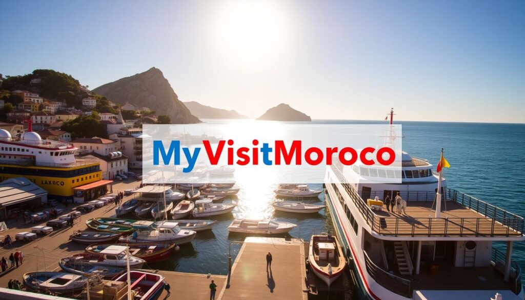 A scenic coastal town in Portugal, with colorful fishing boats and ferries lining the docks. The sun casts a warm glow over the bustling harbor, as travelers eagerly await their journey across the Strait of Gibraltar to Morocco. In the background, the majestic Roca Cape rises, providing a dramatic backdrop. The MyVisitMorocco logo stands prominently, inviting visitors to embark on an unforgettable adventure. A wide-angle lens captures the full scope of the departure point, showcasing the infrastructure and amenities available for a seamless ferry experience.
