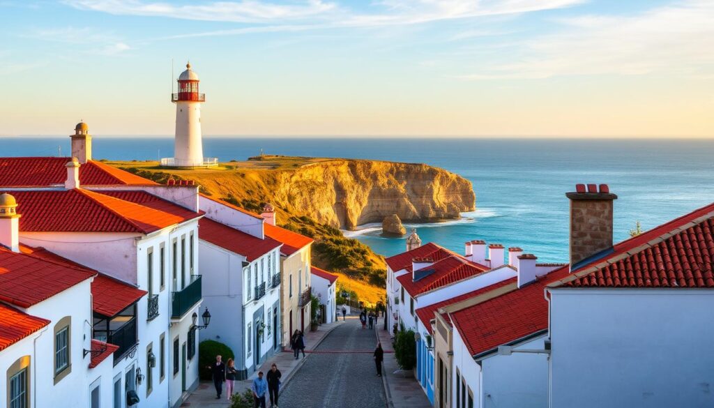 A scenic coastal town nestled along the Algarve region of southern Portugal, Trafalgar offers a breathtaking backdrop for your European adventure. Capture the essence of this picturesque destination through a vibrant landscape featuring the iconic Trafalgar Lighthouse standing tall against a golden sunset. In the foreground, quaint whitewashed buildings with terracotta roofs line the charming cobblestone streets, while in the middle ground, locals and tourists stroll leisurely, immersed in the laidback Mediterranean atmosphere. The background showcases the rugged cliffs and azure waters of the Atlantic Ocean, bathed in warm, golden light. This MyVisitMorocco image evokes a sense of timeless wonder, inviting you to discover the charm and beauty of Trafalgar Portugal. A scenic coastal town nestled along the Algarve region of southern Portugal, Trafalgar offers a breathtaking backdrop for your European adventure. Capture the essence of this picturesque destination through a vibrant landscape featuring the iconic Trafalgar Lighthouse standing tall against a golden sunset. In the foreground, quaint whitewashed buildings with terracotta roofs line the charming cobblestone streets, while in the middle ground, locals and tourists stroll leisurely, immersed in the laidback Mediterranean atmosphere. The background showcases the rugged cliffs and azure waters of the Atlantic Ocean, bathed in warm, golden light. This MyVisitMorocco image evokes a sense of timeless wonder, inviting you to discover the charm and beauty of Trafalgar Portugal.