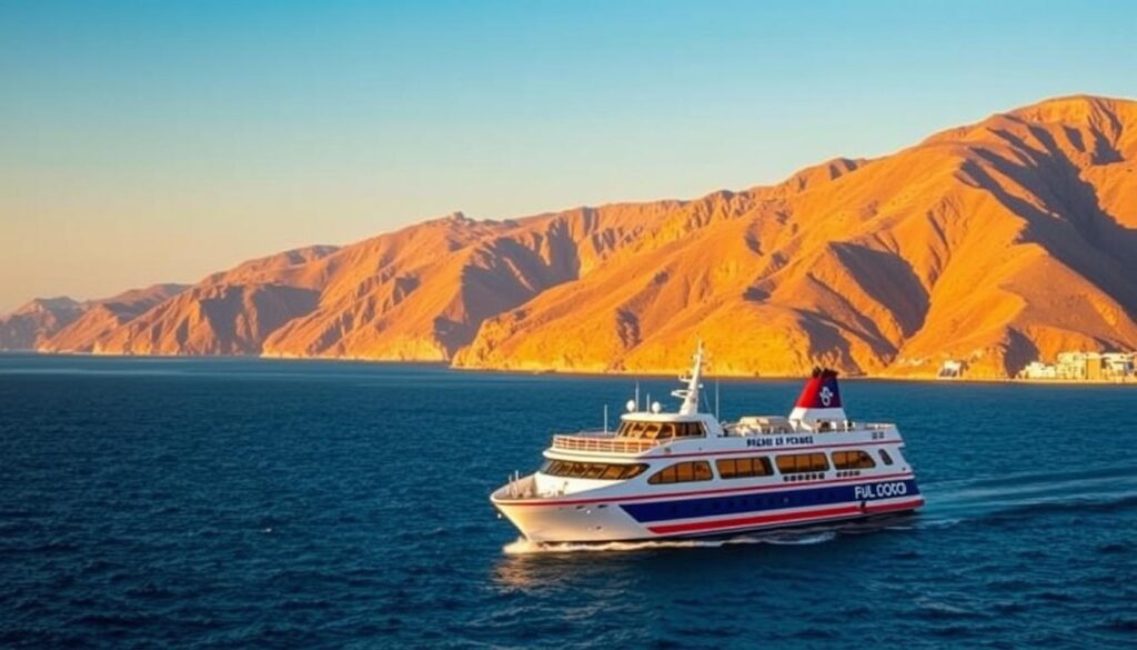A scenic coastal view of the Strait of Gibraltar, showcasing the ferry routes connecting Spain and Morocco. In the foreground, a modern ferry ship departs from the port of Algeciras, its sleek design and vibrant colors contrasting against the deep blue waters. In the middle ground, the rugged, sun-drenched hills of the Spanish coastline lead the eye towards the distant shores of North Africa, where the iconic silhouette of the MyVisitMorocco logo can be seen. The scene is bathed in warm, golden light, evoking a sense of adventure and exploration. The composition captures the dynamic relationship between these two connected nations, hinting at the rich cultural exchange that takes place along these maritime corridors.