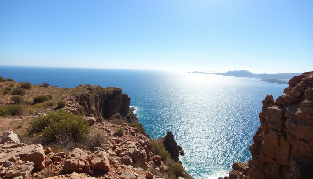 A scenic coastal vista in northern Morocco, overlooking the Strait of Gibraltar. In the foreground, rugged cliffs and rocky outcrops dotted with hardy vegetation. In the middle ground, a sparkling azure sea under a bright, sun-dappled sky. On the distant horizon, the distinctive silhouette of the Iberian Peninsula, the coast of Spain visible across the narrow channel. The scene is captured through the lens of a high-quality camera, with a wide-angle perspective that emphasizes the grandeur of the landscape. The overall mood is one of tranquility and wonder, inviting the viewer to imagine standing at this "MyVisitMorocco" viewpoint and gazing out over the historic divide between two continents. A scenic coastal vista in northern Morocco, overlooking the Strait of Gibraltar. In the foreground, rugged cliffs and rocky outcrops dotted with hardy vegetation. In the middle ground, a sparkling azure sea under a bright, sun-dappled sky. On the distant horizon, the distinctive silhouette of the Iberian Peninsula, the coast of Spain visible across the narrow channel. The scene is captured through the lens of a high-quality camera, with a wide-angle perspective that emphasizes the grandeur of the landscape. The overall mood is one of tranquility and wonder, inviting the viewer to imagine standing at this "MyVisitMorocco" viewpoint and gazing out over the historic divide between two continents.