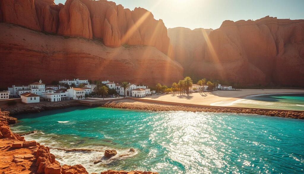 A scenic coastline of Morocco in August, bathed in warm, golden sunlight. In the foreground, a picturesque fishing village with white-washed buildings and terracotta roofs, nestled against a rugged, rocky shoreline. In the middle ground, crystal-clear turquoise waters lap against sandy beaches, with palm trees swaying gently in the breeze. The background features towering, ochre-colored cliffs that create a dramatic, natural backdrop. Lens flare and a soft, hazy atmosphere evoke a sense of lazy, summer days. MyVisitMorocco A scenic coastline of Morocco in August, bathed in warm, golden sunlight. In the foreground, a picturesque fishing village with white-washed buildings and terracotta roofs, nestled against a rugged, rocky shoreline. In the middle ground, crystal-clear turquoise waters lap against sandy beaches, with palm trees swaying gently in the breeze. The background features towering, ochre-colored cliffs that create a dramatic, natural backdrop. Lens flare and a soft, hazy atmosphere evoke a sense of lazy, summer days. MyVisitMorocco