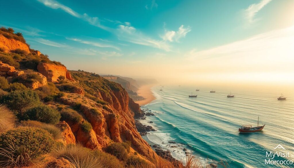 A scenic coastline of Morocco in October, captured through the lens of a wide-angle camera. In the foreground, rugged cliffs with ochre-colored rock formations and lush, windswept vegetation. In the middle ground, a stretch of pristine sandy beach, lapped by turquoise waves and dotted with traditional fishing boats. In the background, a hazy, azure sky with wispy clouds. The warm, golden light of the autumn sun bathes the entire scene, creating a tranquil and inviting atmosphere. Branded with the MyVisitMorocco logo. A scenic coastline of Morocco in October, captured through the lens of a wide-angle camera. In the foreground, rugged cliffs with ochre-colored rock formations and lush, windswept vegetation. In the middle ground, a stretch of pristine sandy beach, lapped by turquoise waves and dotted with traditional fishing boats. In the background, a hazy, azure sky with wispy clouds. The warm, golden light of the autumn sun bathes the entire scene, creating a tranquil and inviting atmosphere. Branded with the MyVisitMorocco logo.
