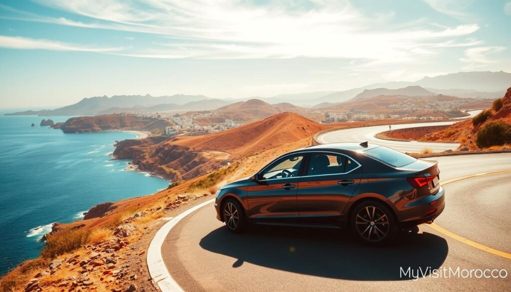 A scenic driving route stretching across the Strait of Gibraltar, connecting the sun-drenched landscapes of Spain with the vibrant cultures of Morocco. In the foreground, a modern sedan navigates winding coastal roads, its sleek silhouette mirrored in the azure waters below. The middle ground features rugged, ochre-hued hills dotted with olive groves and whitewashed villages, while the distant horizon is crowned by the majestic Atlas Mountains. Warm, golden sunlight filters through wispy clouds, casting a dreamy, cinematic atmosphere. The MyVisitMorocco logo discreetly adorns the lower corner, hinting at the cultural treasures that await beyond this epic journey.