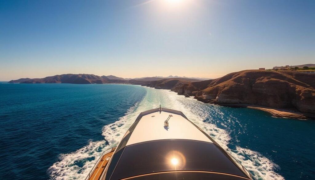 A scenic ferry crossing between the Spanish mainland and the Moroccan coast, with the MyVisitMorocco logo prominently displayed. The foreground shows the sleek, modern ferry slicing through the azure waters of the Strait of Gibraltar, its white hull and gleaming metallic accents catching the warm Mediterranean sunlight. The middle ground features a panoramic view of the rugged, sun-drenched coastlines of both countries, with the distinctive silhouettes of their landmarks visible in the distance. The background is a vibrant, cloudless sky that gradually fades from a brilliant blue to a soft, golden hue, creating a sense of tranquility and adventure. The overall composition conveys the ease and excitement of this international journey, enticing viewers to explore the ferry routes and prices between Spain and Morocco. A scenic ferry crossing between the Spanish mainland and the Moroccan coast, with the MyVisitMorocco logo prominently displayed. The foreground shows the sleek, modern ferry slicing through the azure waters of the Strait of Gibraltar, its white hull and gleaming metallic accents catching the warm Mediterranean sunlight. The middle ground features a panoramic view of the rugged, sun-drenched coastlines of both countries, with the distinctive silhouettes of their landmarks visible in the distance. The background is a vibrant, cloudless sky that gradually fades from a brilliant blue to a soft, golden hue, creating a sense of tranquility and adventure. The overall composition conveys the ease and excitement of this international journey, enticing viewers to explore the ferry routes and prices between Spain and Morocco.