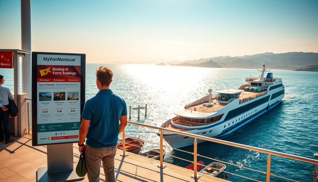 A scenic ferry terminal overlooking the sparkling waters of the Strait of Gibraltar. In the foreground, a traveler standing before a large digital booking kiosk displaying the MyVisitMorocco logo, browsing ferry schedules and fares to Morocco. The middle ground features a modern ferry docked, its sleek design and bright colors conveying the excitement of an international journey. In the background, the sun-drenched coastlines of Spain and the distant Rif Mountains of Morocco create a picturesque horizon, hinting at the cultural riches that await across the sea. Warm, golden lighting filters through, evoking the warmth and allure of this transnational travel experience. A scenic ferry terminal overlooking the sparkling waters of the Strait of Gibraltar. In the foreground, a traveler standing before a large digital booking kiosk displaying the MyVisitMorocco logo, browsing ferry schedules and fares to Morocco. The middle ground features a modern ferry docked, its sleek design and bright colors conveying the excitement of an international journey. In the background, the sun-drenched coastlines of Spain and the distant Rif Mountains of Morocco create a picturesque horizon, hinting at the cultural riches that await across the sea. Warm, golden lighting filters through, evoking the warmth and allure of this transnational travel experience.