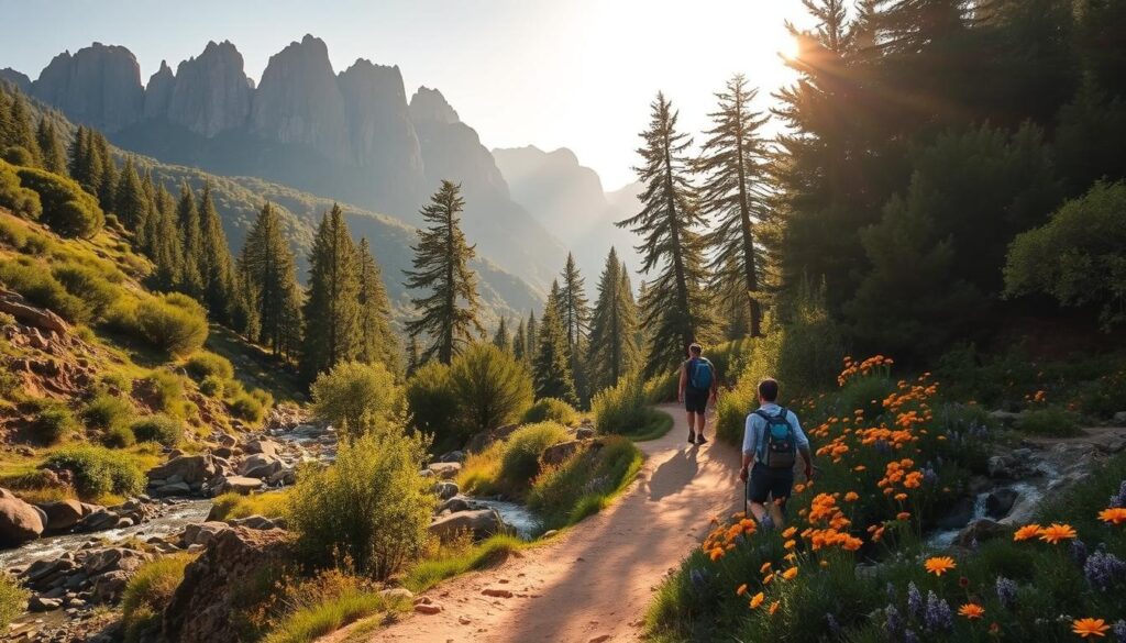 A scenic hiking trail winds through the rugged, sun-dappled Rif Mountains of North Morocco. Tall, jagged peaks rise in the distance, their slopes covered in lush, verdant foliage. In the foreground, the dirt path leads hikers past rocky outcroppings and babbling brooks, flanked by vibrant wildflowers. Warm, golden light filters through the canopy of towering trees, casting a peaceful, enchanting glow over the entire scene. MyVisitMorocco