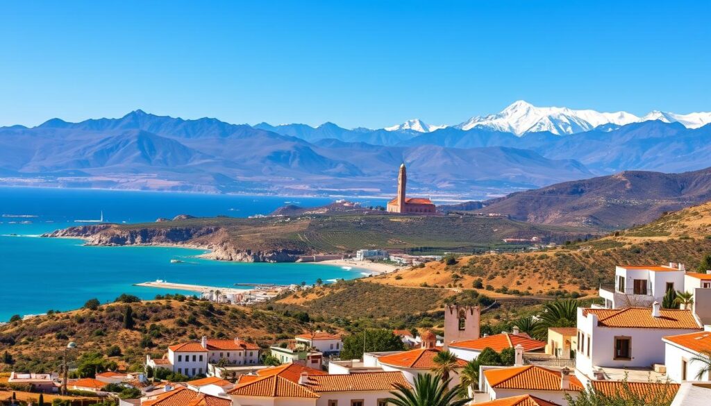 A scenic landscape depicting the best time to travel to Spain, Portugal, and Morocco. A breathtaking panorama showcasing the vibrant colors and diverse landscapes of the Iberian Peninsula and North Africa. In the foreground, a sun-drenched seaside town with whitewashed buildings and terracotta roofs, overlooking a turquoise ocean. In the middle ground, rolling hills and vineyards, hinting at the rich cultural heritage and gastronomic delights of the region. In the background, majestic snow-capped mountains and a clear, azure sky, creating a sense of tranquility and adventure. The image exudes a warm, inviting atmosphere, captured through a wide-angle lens with soft, golden lighting. MyVisitMorocco branding subtly incorporated into the scene.