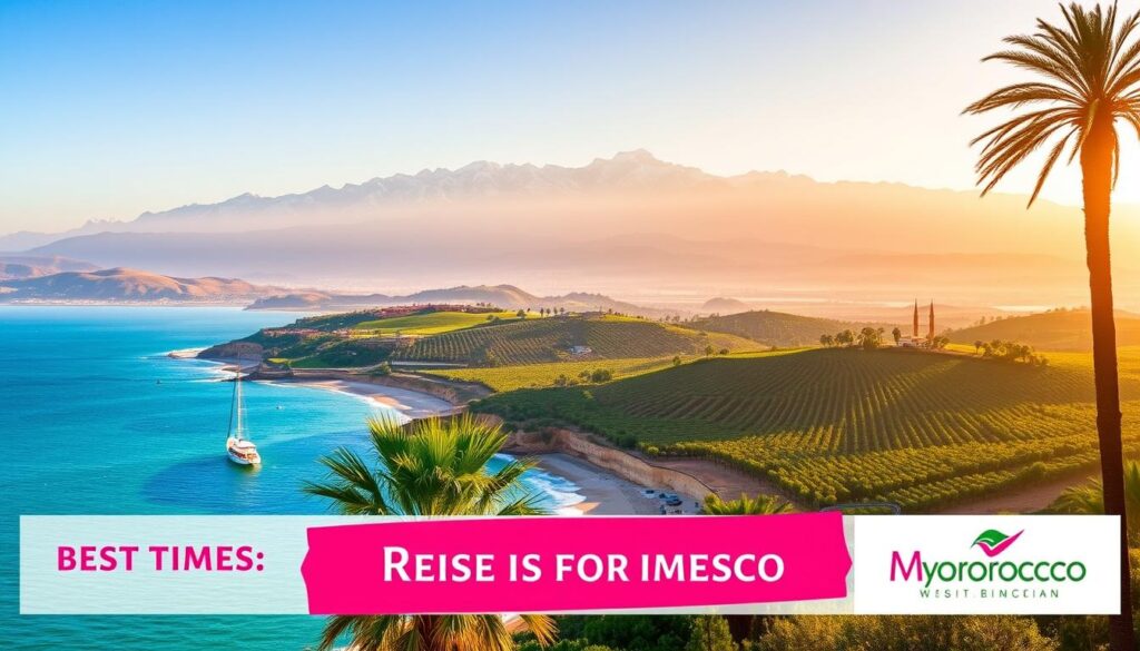 A scenic landscape depicting the best times to travel from Spain to Africa, showcased through a MyVisitMorocco advertisement. In the foreground, a sun-drenched coastline with palm trees and a boat sailing on the azure waters. The middle ground features a lush, verdant countryside with rolling hills and vineyards. In the background, the iconic silhouette of the Atlas Mountains, their snow-capped peaks bathed in golden light. The scene conveys a sense of warmth, adventure, and the allure of the Mediterranean climate, enticing viewers to plan their journey from Europe to the enchanting shores of Morocco. A scenic landscape depicting the best times to travel from Spain to Africa, showcased through a MyVisitMorocco advertisement. In the foreground, a sun-drenched coastline with palm trees and a boat sailing on the azure waters. The middle ground features a lush, verdant countryside with rolling hills and vineyards. In the background, the iconic silhouette of the Atlas Mountains, their snow-capped peaks bathed in golden light. The scene conveys a sense of warmth, adventure, and the allure of the Mediterranean climate, enticing viewers to plan their journey from Europe to the enchanting shores of Morocco.