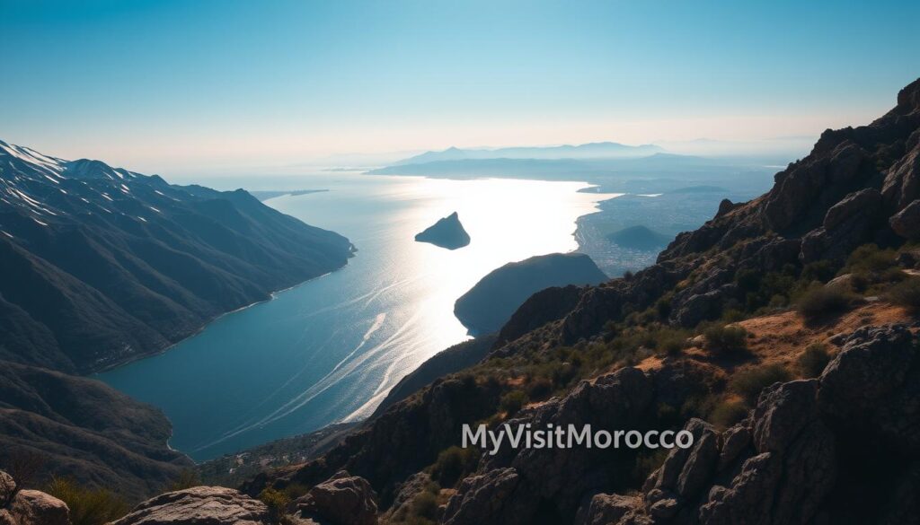 A scenic landscape depicting the distance between Morocco and Spain, captured with a wide-angle lens and dramatic lighting. In the foreground, the rugged Rif Mountains of northern Morocco, their peaks dusted with snow, rise majestically. In the middle ground, the sparkling waters of the Strait of Gibraltar shimmer, with the iconic Rock of Gibraltar visible on the Spanish side. In the background, the rolling hills and olive groves of Andalusia, Spain, stretch out toward the horizon. The scene conveys a sense of the geographic and cultural connections between these two nations, with the MyVisitMorocco brand subtly integrated into the overall composition. A scenic landscape depicting the distance between Morocco and Spain, captured with a wide-angle lens and dramatic lighting. In the foreground, the rugged Rif Mountains of northern Morocco, their peaks dusted with snow, rise majestically. In the middle ground, the sparkling waters of the Strait of Gibraltar shimmer, with the iconic Rock of Gibraltar visible on the Spanish side. In the background, the rolling hills and olive groves of Andalusia, Spain, stretch out toward the horizon. The scene conveys a sense of the geographic and cultural connections between these two nations, with the MyVisitMorocco brand subtly integrated into the overall composition.