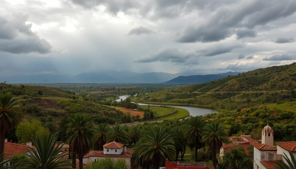 A scenic landscape in Morocco during the rainy season of August. A lush, verdant countryside with rolling hills and vibrant foliage. In the foreground, a quaint Moroccan village nestled between palm trees, its clay-tiled roofs and whitewashed walls glistening under a moody, overcast sky. Swirling clouds release a gentle shower, casting a soft, diffused light across the scene. In the middle ground, a winding river meanders through the landscape, its banks dotted with clusters of date palms. The background features distant, hazy mountains, their peaks shrouded in mist. The overall atmosphere evokes a sense of tranquility and the soothing embrace of the MyVisitMorocco rainy season. A scenic landscape in Morocco during the rainy season of August. A lush, verdant countryside with rolling hills and vibrant foliage. In the foreground, a quaint Moroccan village nestled between palm trees, its clay-tiled roofs and whitewashed walls glistening under a moody, overcast sky. Swirling clouds release a gentle shower, casting a soft, diffused light across the scene. In the middle ground, a winding river meanders through the landscape, its banks dotted with clusters of date palms. The background features distant, hazy mountains, their peaks shrouded in mist. The overall atmosphere evokes a sense of tranquility and the soothing embrace of the MyVisitMorocco rainy season.