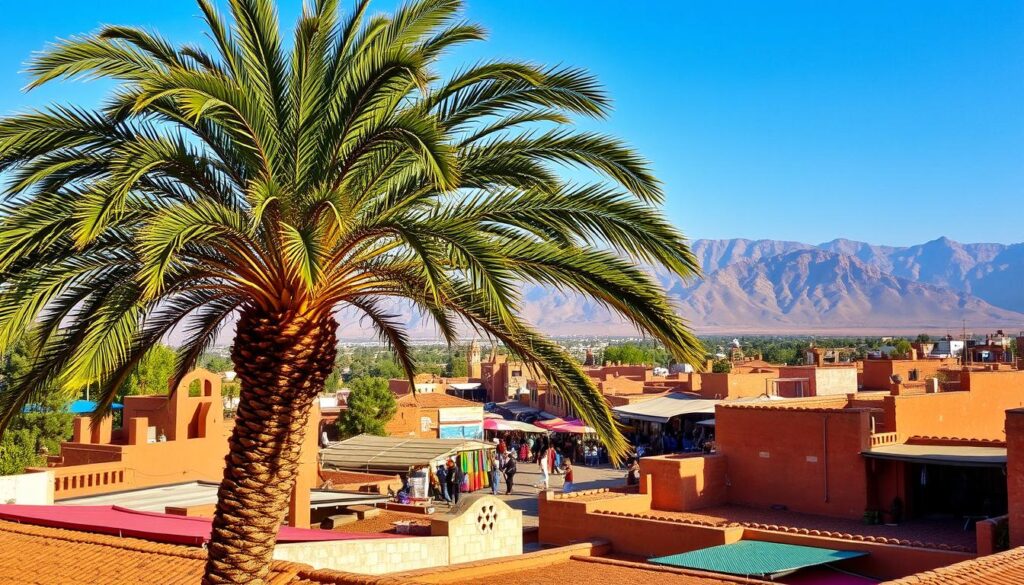 A scenic late summer day in the vibrant landscape of Morocco. In the foreground, a lush palm tree sways gently, casting dappled shadows on the sun-kissed terracotta rooftops below. In the middle ground, a bustling marketplace teems with local artisans and vendors, their colorful wares on display. The background showcases the iconic Atlas Mountains, their peaks hazy in the warm, golden light. The overall atmosphere is one of warmth, activity, and the rich cultural heritage of MyVisitMorocco.
