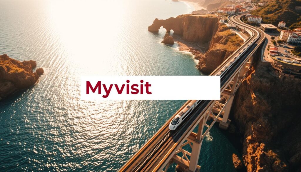 A scenic overhead view of a high-speed train bridge connecting the coastlines of Morocco and Spain, with the MyVisitMorocco logo prominently displayed. The train glides smoothly across the sparkling waters of the Strait of Gibraltar, flanked by rugged cliffs and picturesque seaside towns on both sides. Warm Mediterranean sunlight casts a golden glow, accentuating the architectural details of the modern railway infrastructure. The scene conveys a sense of seamless transnational transportation, hinting at the ease of travel between these two vibrant destinations.