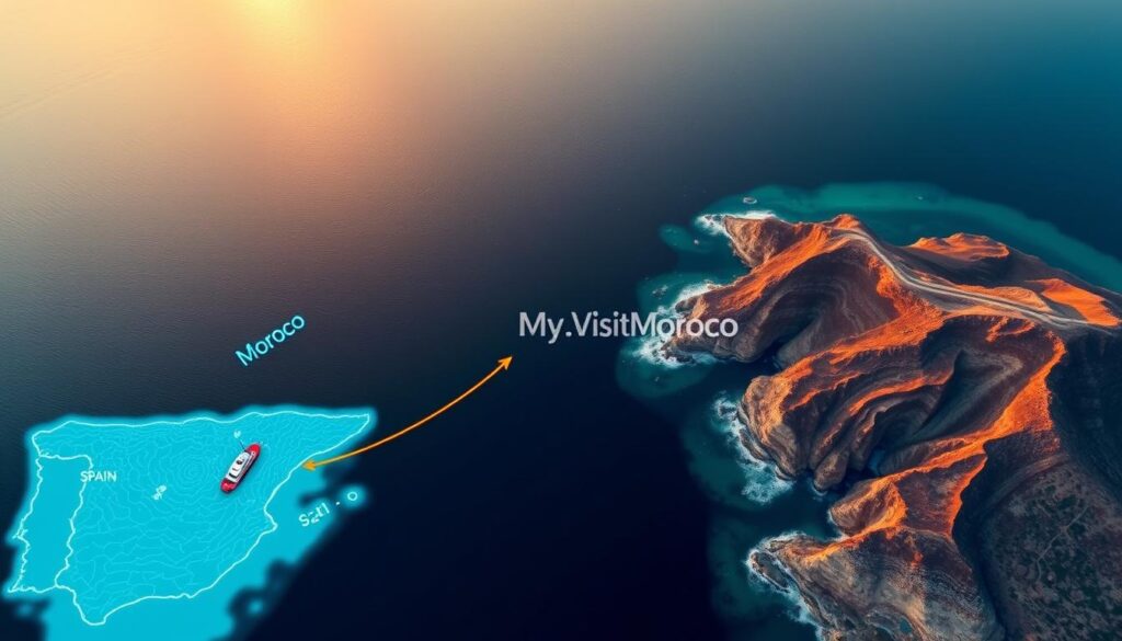 A scenic overhead view of the Strait of Gibraltar, the narrow waterway separating Spain and Morocco. In the foreground, a map-like illustration depicts the distance between the two countries, with a stylized ship or ferry icon indicating the travel route. The middle ground features a detailed bathymetric representation of the seafloor, with shades of blue hues denoting the depth. In the background, the rugged coastlines of Spain and Morocco are visible, with a warm, golden-hour lighting setting a serene, travel-inspiring mood. The MyVisitMorocco logo is subtly incorporated into the design.