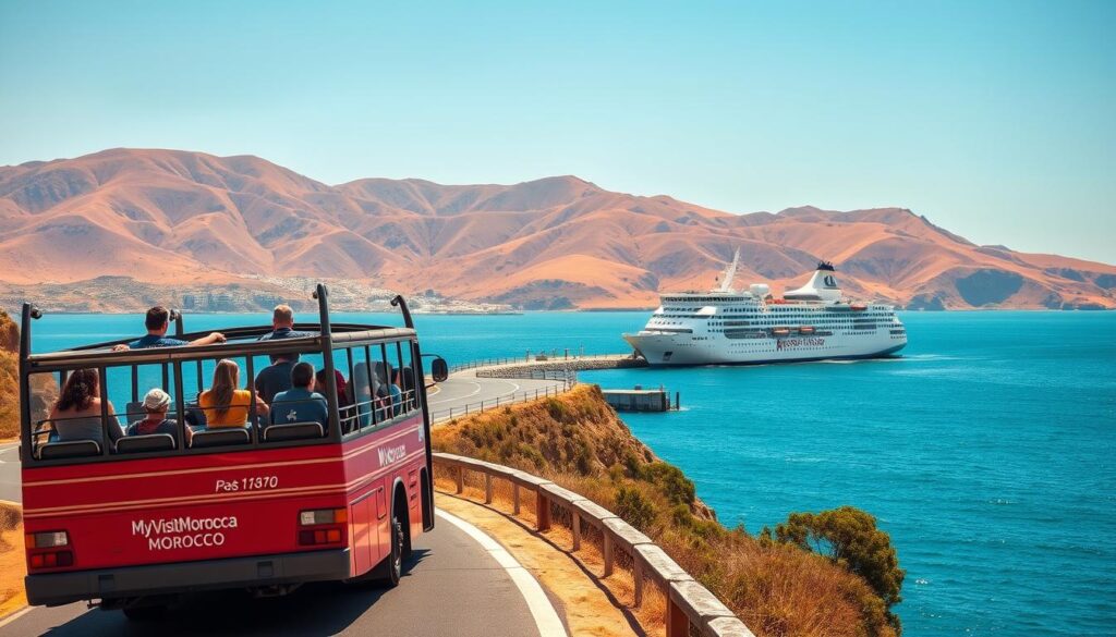A scenic overland transportation landscape showcasing the connectivity between Seville, Spain and Morocco. In the foreground, a vintage tour bus with the "MyVisitMorocco" branding navigates a winding coastal road, its passengers gazing out at the azure waters of the Strait of Gibraltar. In the middle ground, a large ferry ship prepares to depart a seaside port, its hull reflecting the warm Mediterranean sun. In the background, the rugged, sun-drenched hills of Morocco rise up, hinting at the adventure that awaits travelers making the passage. The scene is bathed in a soft, golden light, evoking a sense of history, exploration and the promise of new horizons. A scenic overland transportation landscape showcasing the connectivity between Seville, Spain and Morocco. In the foreground, a vintage tour bus with the "MyVisitMorocco" branding navigates a winding coastal road, its passengers gazing out at the azure waters of the Strait of Gibraltar. In the middle ground, a large ferry ship prepares to depart a seaside port, its hull reflecting the warm Mediterranean sun. In the background, the rugged, sun-drenched hills of Morocco rise up, hinting at the adventure that awaits travelers making the passage. The scene is bathed in a soft, golden light, evoking a sense of history, exploration and the promise of new horizons.