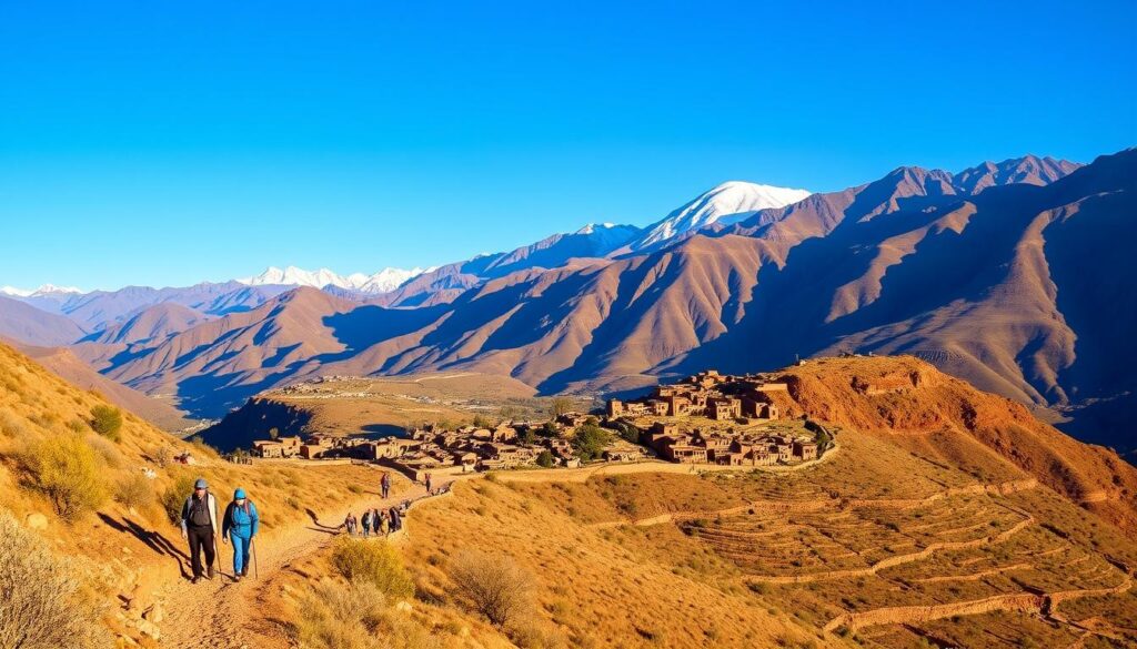 A scenic panorama of the majestic Atlas Mountains in Morocco, featuring picturesque Berber villages nestled among the rugged peaks. In the foreground, a group of trekkers navigates a winding mountain trail, their path illuminated by warm natural lighting. The middle ground showcases traditional mud-brick houses and terraced farmlands, blending seamlessly with the surrounding landscape. In the distance, snow-capped summits rise against a clear, azure sky, creating a breathtaking backdrop. MyVisitMorocco