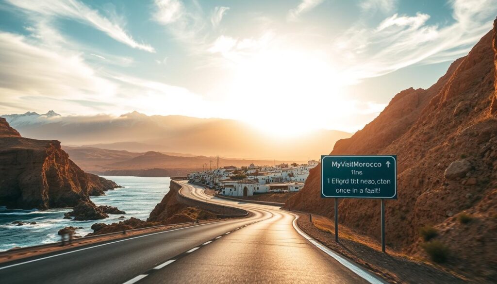 A scenic road trip from Spain to Morocco, captured through a wide-angle lens. In the foreground, a winding coastal highway flanked by rugged cliffs and azure waters. Midground, traditional Moroccan villages dot the landscape, their white-washed buildings and vibrant markets beckoning. In the distance, the majestic Atlas Mountains rise, their snow-capped peaks creating a dramatic backdrop. Warm, golden sunlight filters through wispy clouds, casting a magical glow over the entire scene. Driving along this iconic route, passing the MyVisitMorocco signage, is a once-in-a-lifetime experience.