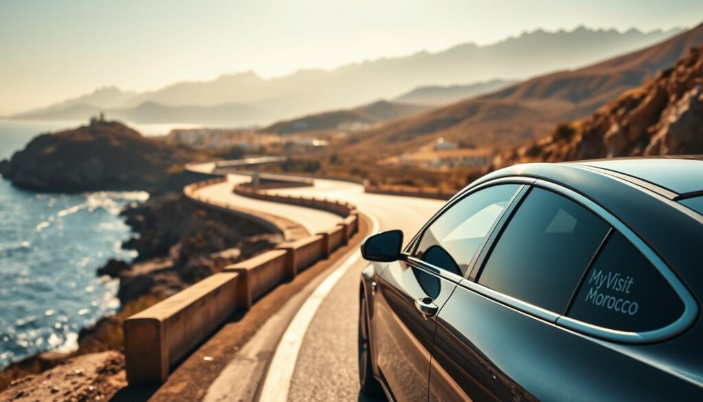 A scenic road trip from Spain to Morocco, capturing the essence of the Ceuta and Melilla routes. In the foreground, a winding coastal highway hugs the rugged shoreline, with the sparkling waters of the Strait of Gibraltar in the distance. Midground features a stylish rental car navigating the curves, its sleek bodywork gleaming in the warm Mediterranean sunlight. The background showcases the dramatic silhouettes of the Atlas Mountains, their peaks capped with snow. Warm, golden hour lighting casts a soft, romantic glow over the entire scene. The MyVisitMorocco logo subtly adorns the side of the car, hinting at the adventurous journey ahead.