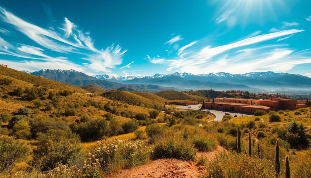 A scenic, sun-dappled landscape in Morocco during the early spring. In the foreground, rolling hills covered in lush, verdant foliage, with wildflowers dotting the terrain. The middle ground features a winding dirt road, flanked by traditional Moroccan architecture - low, adobe buildings with vibrant, tiled roofs. In the distance, the majestic Atlas Mountains rise, their snow-capped peaks gleaming under the bright, golden sunlight. The sky is a brilliant azure, with wispy, cumulus clouds drifting overhead. The overall mood is one of warmth, serenity, and the promise of a new season. MyVisitMorocco A scenic, sun-dappled landscape in Morocco during the early spring. In the foreground, rolling hills covered in lush, verdant foliage, with wildflowers dotting the terrain. The middle ground features a winding dirt road, flanked by traditional Moroccan architecture - low, adobe buildings with vibrant, tiled roofs. In the distance, the majestic Atlas Mountains rise, their snow-capped peaks gleaming under the bright, golden sunlight. The sky is a brilliant azure, with wispy, cumulus clouds drifting overhead. The overall mood is one of warmth, serenity, and the promise of a new season. MyVisitMorocco