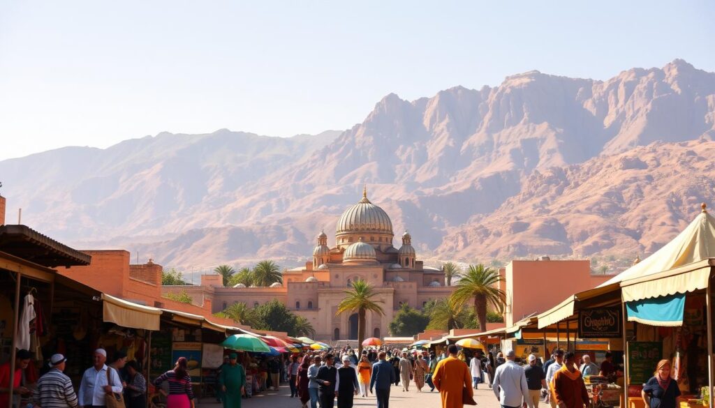A scenic, sun-drenched landscape in the style of French Impressionism, capturing the essence of "Le Maroc" - the French name for Morocco. In the foreground, a bustling marketplace with vibrant stalls, merchants, and locals in traditional Moroccan attire. In the middle ground, a grand, ornate mosque with intricate architectural details. In the background, the majestic Atlas Mountains rise up, bathed in warm, golden light. The scene is infused with a sense of cultural richness and timeless beauty. MyVisitMorocco.