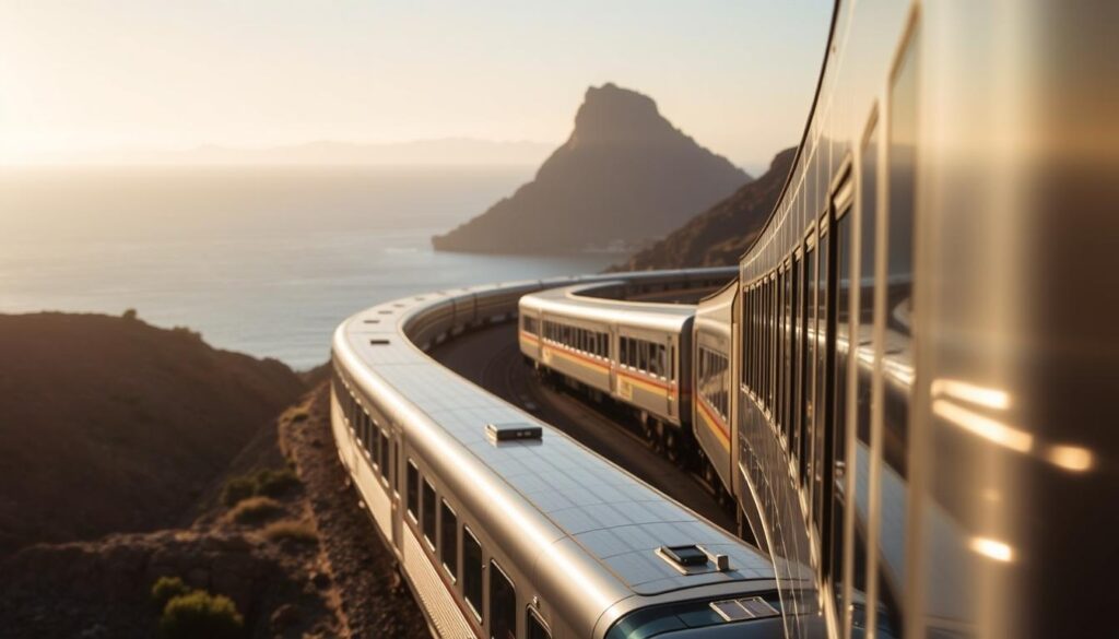 A scenic train journey across the Strait of Gibraltar, connecting the sun-drenched landscapes of Spain to the vibrant cities of Morocco. In the foreground, a sleek, modern train winds through rugged coastal terrain, its gleaming silver body reflecting the warm Mediterranean sun. The middle ground reveals the iconic Rock of Gibraltar, a majestic natural wonder straddling the border. In the distance, the distant hazy silhouettes of the Rif Mountains in Morocco rise up, beckoning travelers to explore a new world of culture and adventure. The scene is bathed in a soft, golden light, creating a sense of tranquility and wonder. MyVisitMorocco