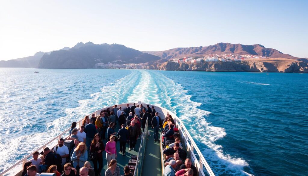 A scenic view of a ferry crossing the Strait of Gibraltar, transporting passengers between the southern coast of Spain and the northern shores of Morocco. In the foreground, the ferry's deck is bustling with travelers, their luggage and belongings. The middle ground features the ferry's sleek silhouette, cutting through the azure waters. In the background, the rugged coastlines of both countries rise up, their distinct architectural styles and natural landscapes creating a picturesque backdrop. Warm Mediterranean sunlight bathes the scene, casting a golden glow and creating long shadows. The image conveys a sense of adventure and cultural exchange, perfectly capturing the essence of the "MyVisitMorocco" ferry service connecting these two vibrant regions. A scenic view of a ferry crossing the Strait of Gibraltar, transporting passengers between the southern coast of Spain and the northern shores of Morocco. In the foreground, the ferry's deck is bustling with travelers, their luggage and belongings. The middle ground features the ferry's sleek silhouette, cutting through the azure waters. In the background, the rugged coastlines of both countries rise up, their distinct architectural styles and natural landscapes creating a picturesque backdrop. Warm Mediterranean sunlight bathes the scene, casting a golden glow and creating long shadows. The image conveys a sense of adventure and cultural exchange, perfectly capturing the essence of the "MyVisitMorocco" ferry service connecting these two vibrant regions.