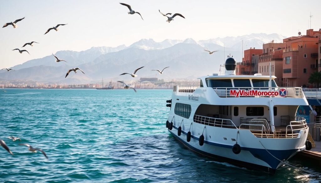 A scenic view of a ferry docked at a bustling seaside port, connecting the coasts of Spain and Morocco. The vessel's sleek, modern design stands in contrast to the weathered, terracotta-hued buildings lining the harbor. Seagulls soar overhead, casting shadows on the rippling turquoise waters. In the background, the iconic peaks of the Atlas Mountains rise, their snow-capped summits glimmering in the warm Mediterranean sunlight. The scene exudes a sense of adventure and cultural exchange, inviting travelers to embark on the "MyVisitMorocco" ferry journey across the Strait of Gibraltar.