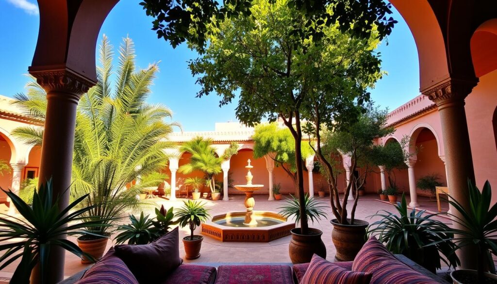 A scenic view of a traditional Moroccan riad courtyard in February, with a clear blue sky and warm, golden sunlight filtering through the ornate archways. The lush, verdant foliage of potted plants and a central fountain create a serene, tranquil atmosphere. In the foreground, a cozy seating area with plush cushions and vibrant Moroccan textiles, inviting visitors to relax and soak in the peaceful ambiance. MyVisitMorocco