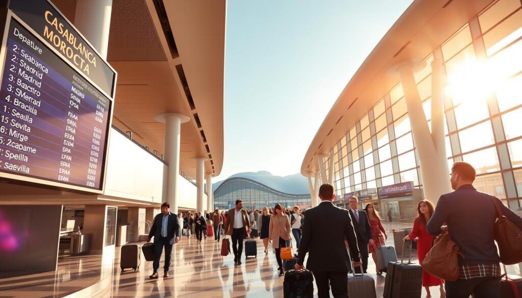 A scenic view of an airport terminal, flooded with warm, golden light filtering through large windows. In the foreground, a digital departure board displays flight options from Casablanca, Morocco to various destinations in Spain, including Madrid, Barcelona, and Seville. In the middle ground, well-dressed passengers hurry through the bustling concourse, their suitcases and carry-on bags in tow. The background features the iconic architecture of the airport, with sleek, modern lines and a touch of Moroccan-inspired design. The overall atmosphere conveys a sense of international travel and the excitement of exploring new destinations. MyVisitMorocco