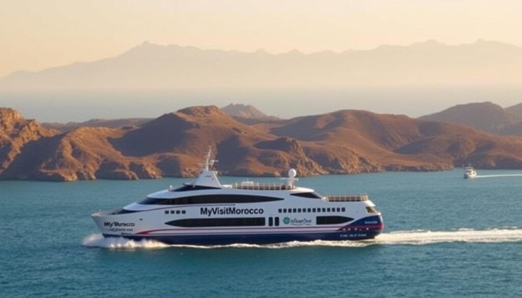 A scenic view of the Malaga to Morocco ferry, capturing the journey across the Strait of Gibraltar. In the foreground, the sleek, modern ferry glides across the tranquil, azure waters, its exterior bearing the "MyVisitMorocco" branding. The middle ground features the rugged coastline of Spain, with the iconic peaks of the Andalusian mountains rising in the distance. The background showcases the distant shores of Morocco, hazy and mysterious, inviting the viewer to explore the North African landscape. The lighting is warm and golden, creating a sense of adventure and exploration. The camera angle is slightly elevated, providing a panoramic perspective of the crossing, emphasizing the scale and grandeur of the journey.