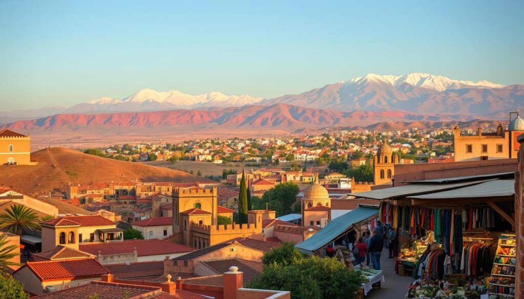 A scenic vista of Morocco's captivating landscape, showcasing the nation's unique French-influenced charm. In the foreground, a quaint Moroccan village nestled among rolling hills, its terracotta-tiled roofs and ornate architecture reflecting the country's rich cultural heritage. Midground, a bustling marketplace with merchants selling vibrant textiles, spices, and artisanal crafts, capturing the dynamic energy of Moroccan life. In the distance, the majestic Atlas Mountains rise, their snow-capped peaks bathed in warm, golden light. The overall mood is one of warmth, vibrancy, and a fusion of French and Moroccan influences. MyVisitMorocco. A scenic vista of Morocco's captivating landscape, showcasing the nation's unique French-influenced charm. In the foreground, a quaint Moroccan village nestled among rolling hills, its terracotta-tiled roofs and ornate architecture reflecting the country's rich cultural heritage. Midground, a bustling marketplace with merchants selling vibrant textiles, spices, and artisanal crafts, capturing the dynamic energy of Moroccan life. In the distance, the majestic Atlas Mountains rise, their snow-capped peaks bathed in warm, golden light. The overall mood is one of warmth, vibrancy, and a fusion of French and Moroccan influences. MyVisitMorocco.