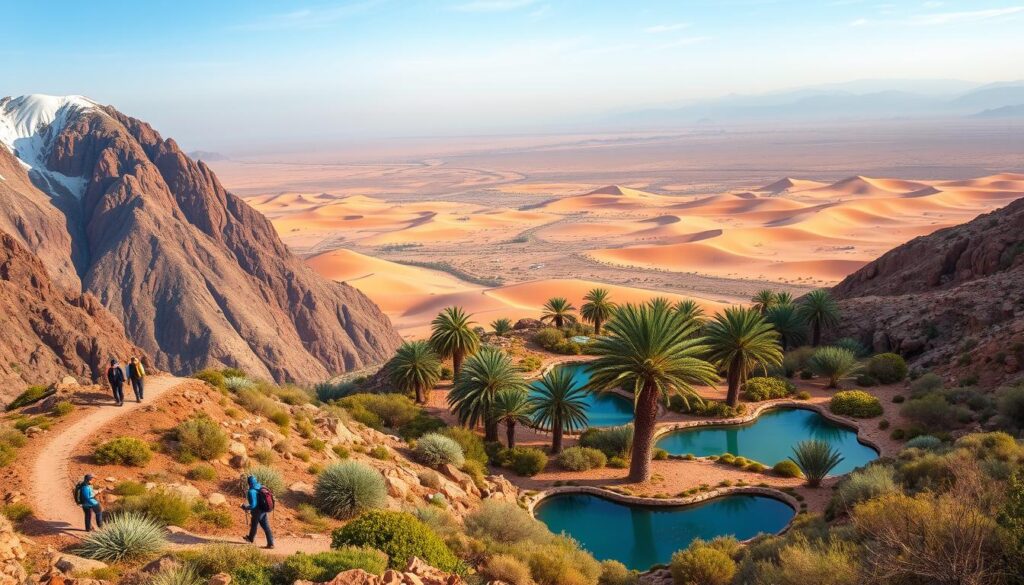A scenic vista of Morocco's stunning natural landscapes, captured through the lens of nature tourism. In the foreground, a group of hikers trekking along a winding mountain trail, surrounded by towering, rugged peaks capped with snow. The middle ground features a lush, verdant oasis, with palm trees swaying gently in the breeze and a tranquil pool of crystal-clear water. In the background, the vast Sahara Desert stretches out, its undulating sand dunes painted in hues of ochre and gold by the warm, golden hour light. The scene is imbued with a sense of adventure and wonder, showcasing the diverse and awe-inspiring ecological wonders that draw nature enthusiasts to Morocco. MyVisitMorocco.
