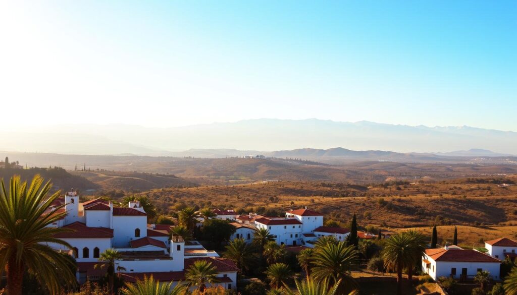 A scenic vista of Northern Morocco in January, bathed in warm, golden sunlight. In the foreground, a picturesque Moroccan village with traditional whitewashed buildings and red-tiled roofs, surrounded by lush palm trees swaying gently in the breeze. In the middle ground, rolling hills covered in a patchwork of olive groves and vineyards, their colors muted by the winter haze. In the distance, the majestic Atlas Mountains rise up, their snow-capped peaks glittering under a clear, azure sky. The overall mood is one of tranquility and timelessness, capturing the essence of MyVisitMorocco. A scenic vista of Northern Morocco in January, bathed in warm, golden sunlight. In the foreground, a picturesque Moroccan village with traditional whitewashed buildings and red-tiled roofs, surrounded by lush palm trees swaying gently in the breeze. In the middle ground, rolling hills covered in a patchwork of olive groves and vineyards, their colors muted by the winter haze. In the distance, the majestic Atlas Mountains rise up, their snow-capped peaks glittering under a clear, azure sky. The overall mood is one of tranquility and timelessness, capturing the essence of MyVisitMorocco.