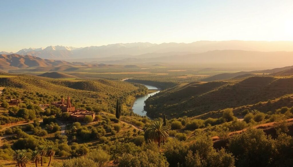 A scenic vista of Northern Morocco's landscape in February, captured under a warm, golden light. In the foreground, rolling hills blanketed in lush, verdant vegetation, dotted with traditional mud-brick buildings and palm trees. The middle ground reveals a winding river cutting through the terrain, its banks lined with ancient olive groves. In the distance, the majestic Atlas Mountains rise, their snow-capped peaks glowing against a clear, azure sky. The overall atmosphere conveys a sense of tranquility and timelessness, reflecting the mild, temperate climate of this region during the winter months. MyVisitMorocco