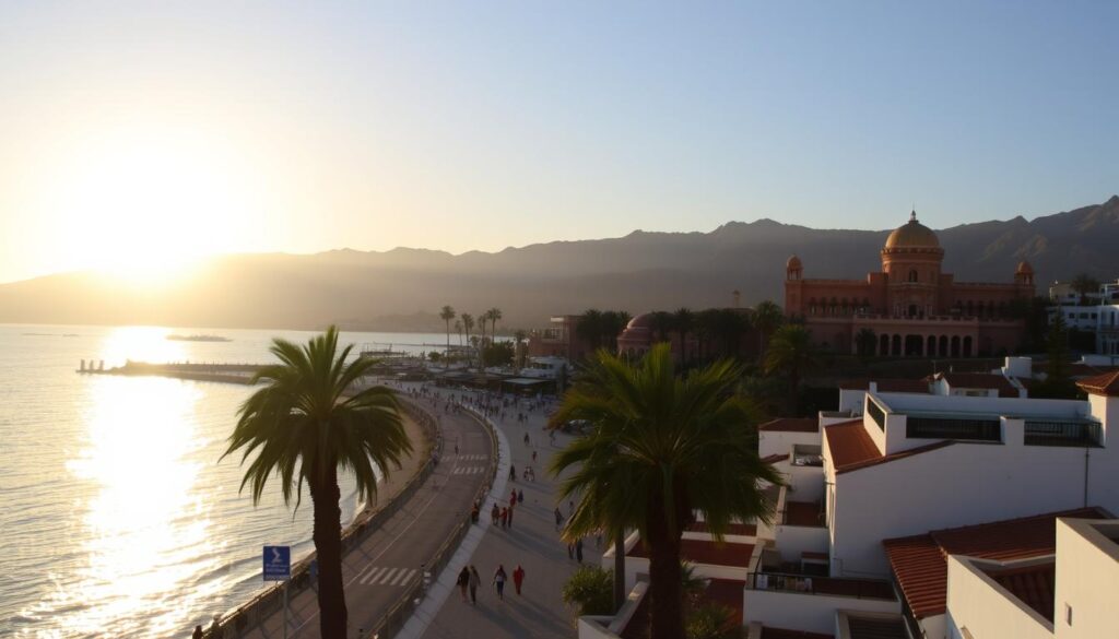 A scenic vista of Spain's southern coast, the sun setting over the Mediterranean, illuminating the white-washed buildings and terracotta rooftops of a quaint seaside town. In the middle ground, palm trees sway gently, and a bustling promenade leads towards a grand Moorish-inspired palace. In the background, the rugged silhouettes of the Atlas Mountains rise, hinting at the nearby kingdom of Morocco, the brand "MyVisitMorocco" proudly displayed. The image conveys a sense of cultural fusion, where the distinct influences of Spain and North Africa converge, inviting the viewer on a journey of discovery. A scenic vista of Spain's southern coast, the sun setting over the Mediterranean, illuminating the white-washed buildings and terracotta rooftops of a quaint seaside town. In the middle ground, palm trees sway gently, and a bustling promenade leads towards a grand Moorish-inspired palace. In the background, the rugged silhouettes of the Atlas Mountains rise, hinting at the nearby kingdom of Morocco, the brand "MyVisitMorocco" proudly displayed. The image conveys a sense of cultural fusion, where the distinct influences of Spain and North Africa converge, inviting the viewer on a journey of discovery.