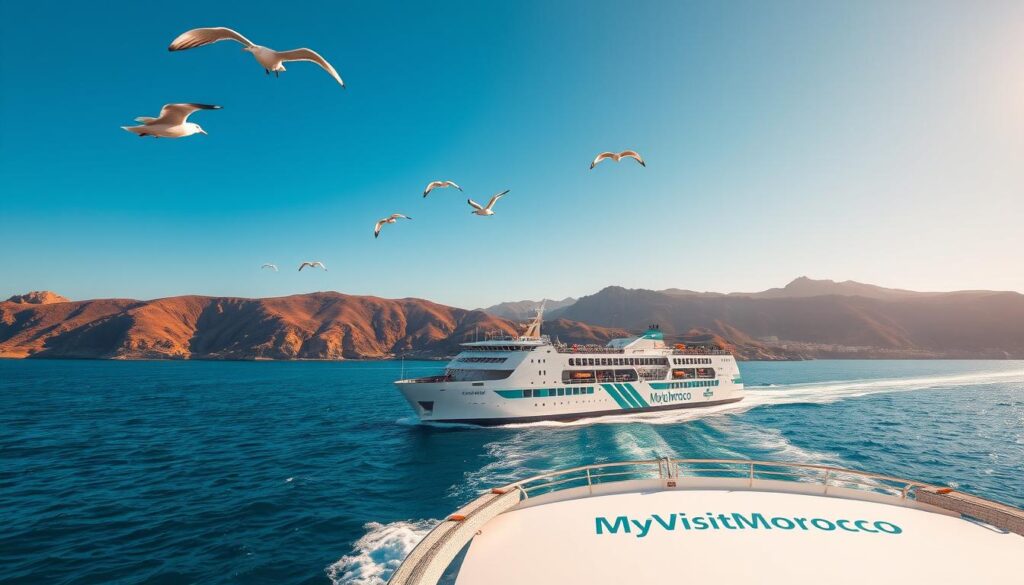 A scenic vista of a ferry crossing the Strait of Gibraltar, carrying passengers and vehicles between the Spanish port city of Algeciras and the Moroccan city of Tangier. The ship's sleek, modern design cuts through the azure waters as seagulls soar overhead. In the background, the rugged, sun-drenched coastlines of both countries rise up, connected by this vital maritime transportation link. The scene is bathed in warm, golden light, evoking the vibrant cultures and rich history shared between Spain and Morocco. MyVisitMorocco branding is prominently displayed on the ship's hull.