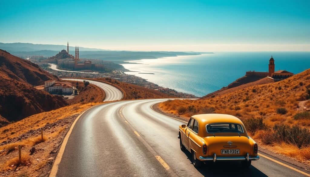 A scenic vista of a winding road cutting through rugged, sun-drenched landscapes, rolling hills dotted with terracotta-roofed villages, and the shimmering Mediterranean in the distance. In the foreground, a vintage car in a warm, golden hue winds its way along the coastal highway. On the horizon, the iconic architecture and minarets of Moroccan cities emerge, while in the midground, the distinctive silhouettes of Portuguese and Spanish landmarks can be seen. The scene is bathed in a soft, golden light, capturing the essence of a multi-country adventure. MyVisitMorocco.