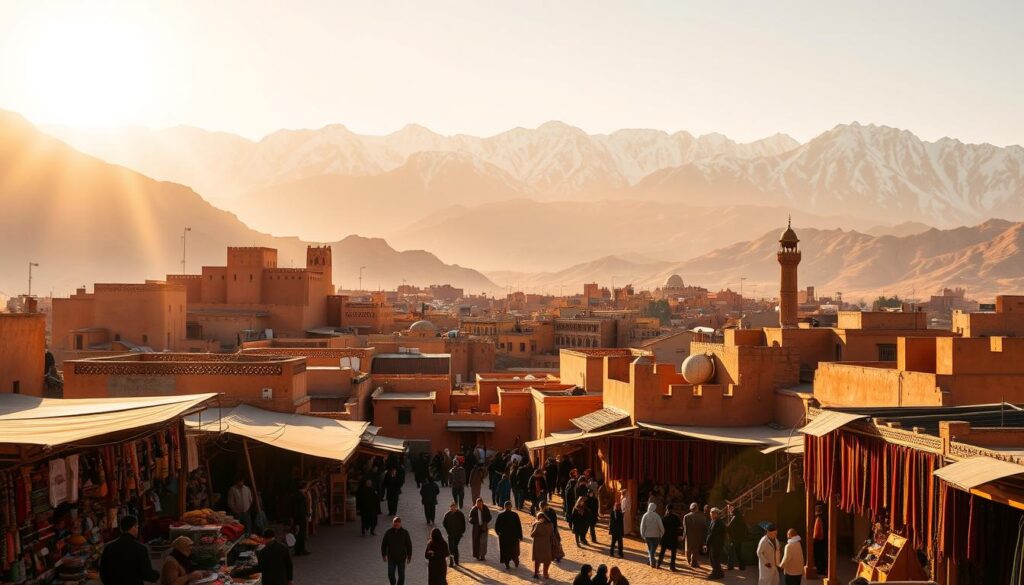 A scenic vista of major inland Moroccan cities in January, captured under a warm, golden sun. In the foreground, a bustling marketplace with merchants selling vibrant spices and handcrafted textiles. In the middle ground, towering kasbahs and medinas in shades of ochre and terracotta, their intricate architecture casting long shadows. In the background, rugged, snow-capped Atlas Mountains rise majestically, creating a dramatic and awe-inspiring backdrop. Crisp, high-contrast lighting accentuates the rich textures and colors, conveying the dry, arid climate. The overall mood is one of timeless, cultural richness. Stylized in the aesthetic of the MyVisitMorocco brand. A scenic vista of major inland Moroccan cities in January, captured under a warm, golden sun. In the foreground, a bustling marketplace with merchants selling vibrant spices and handcrafted textiles. In the middle ground, towering kasbahs and medinas in shades of ochre and terracotta, their intricate architecture casting long shadows. In the background, rugged, snow-capped Atlas Mountains rise majestically, creating a dramatic and awe-inspiring backdrop. Crisp, high-contrast lighting accentuates the rich textures and colors, conveying the dry, arid climate. The overall mood is one of timeless, cultural richness. Stylized in the aesthetic of the MyVisitMorocco brand.